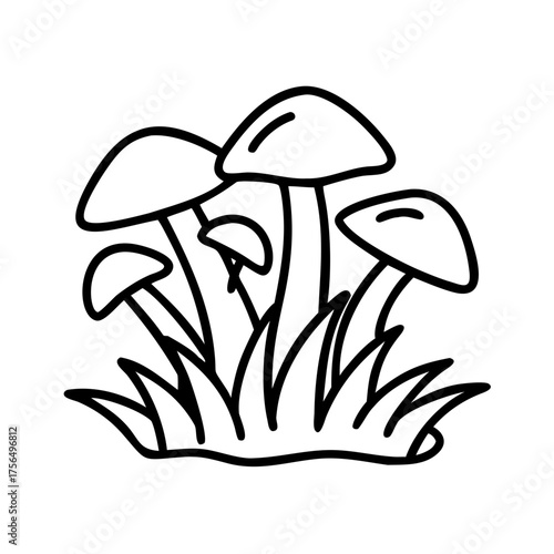 Line art illustration of various mushrooms growing in a lush green environment, showcasing unique shapes and textures, perfect for nature-themed designs and projects
