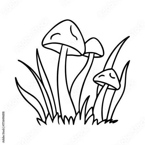 Line art illustration of three mushrooms surrounded by grass, showcasing organic shapes and natural elements, perfect for botanical or nature-themed designs