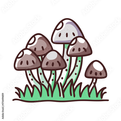 Colorful illustration of a cluster of mushrooms with varying sizes and shapes, surrounded by green grass, showcasing a whimsical and playful nature theme