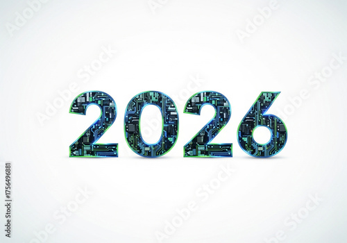 The year 2026 represented by a glowing circuit board pattern, symbolizing digital innovation and future technology with neon blue tones