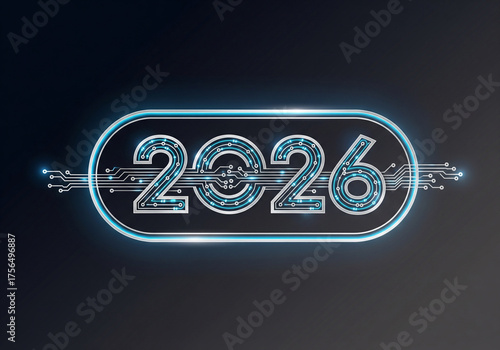 Modern digital new year 2026 design featuring a glowing blue number with a high-tech data pattern and circuit board texture on a dark background