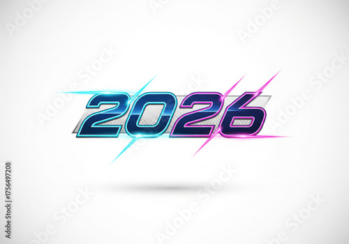 Futuristic 2026 year design, boasting a luminous holographic effect with glass-like reflections, presented on a clean white background, symbolizing innovation and technological advancement