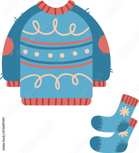 Flat vector illustration of a warm winter sweater and socks with simple decorative patterns. Cute knitted clothing in blue and red tones for cold season design.