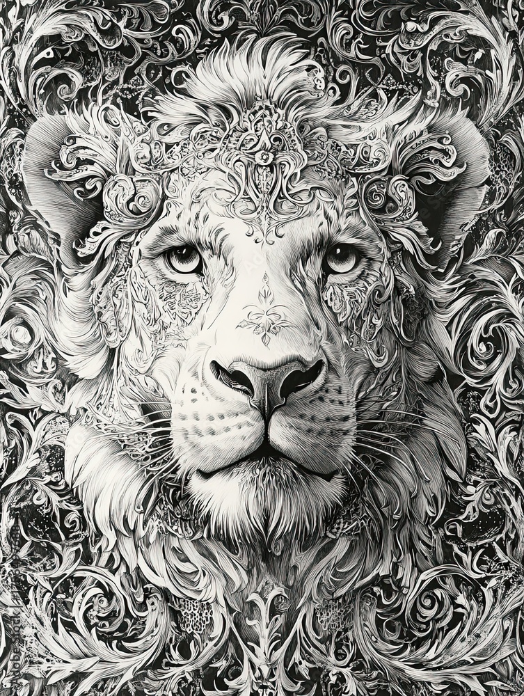 Obraz premium An exquisitely detailed lion with intricate patterns of floral and swirling designs evokes a sense of regal grandeur and artistic elegance.