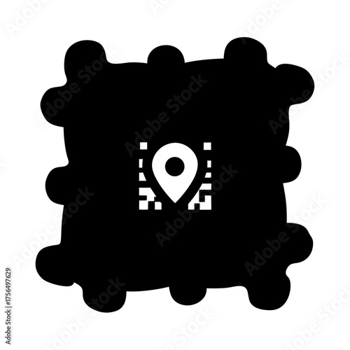 Black amorphous shape containing a stylized QR code with a location pin