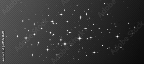 White sparkling stars, shiny particles light effect, transparent flying stardust texture, abstract twinkle Christmas decoration. Vector illustration.