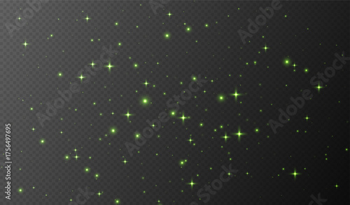 Green sparkling stars, shiny particles light effect, transparent flying stardust texture, abstract twinkle Christmas decoration. Vector illustration.