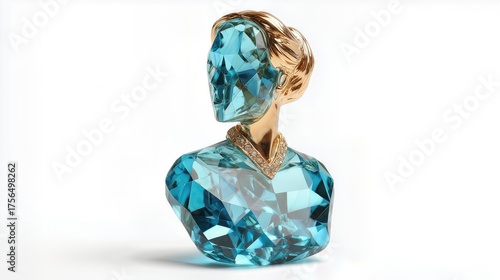 Blue crystal and gold human bust sculpture isolated on white.