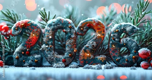 Festive 2026 numbers decorated with snowflakes and ornaments, surrounded by pine branches and red berries, with a bokeh background 4k video
