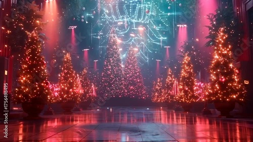 Festive christmas trees illuminated with warm orange lights in a grand hall with a reflective floor and bokeh background 4k video