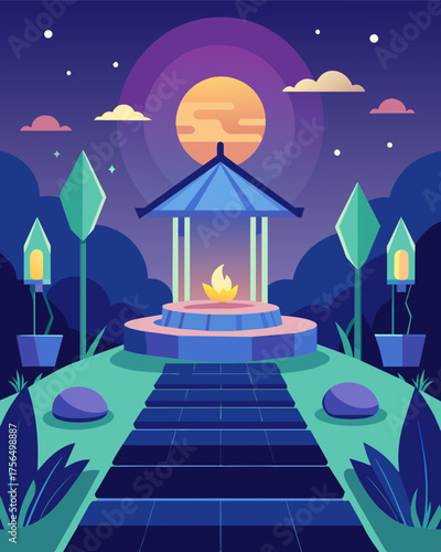 A peaceful meditation garden illuminated by soft lighting powered by the suns rays captured by surrounding solar panels.. Vector illustration