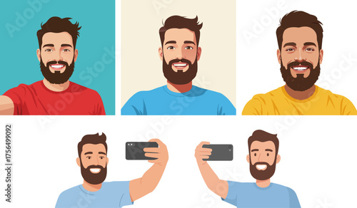 Bearded man taking selfies in colorful outfits with smile, isolated, vector, set  