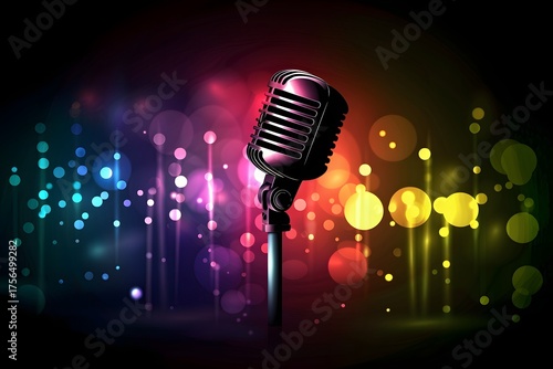 Retro vintage microphone with blurred bokeh stage lights in background, classic music concert and performance concept