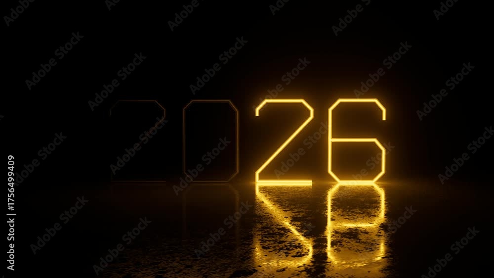 Futuristic golden neon sign with the year 2026 lighting up sequentially against a dark, reflective surface, creating vibrant glow for new year's celebration or event announcement. 3d loop animation 4K