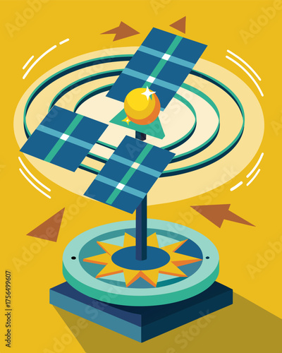 A street art piece that uses solar power to rotate and move parts creating an everchanging display.. Vector illustration