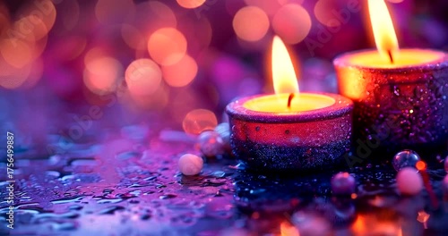 Two lit candles with bokeh lights in the background, creating a warm and romantic atmosphere 4k video