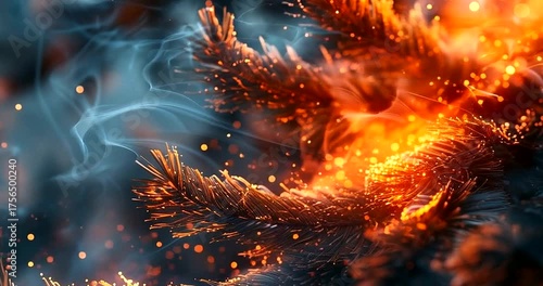 Closeup of a pine branch with glowing embers and smoke, creating a magical and fiery atmosphere, perfect for holiday or fantasy themes 4k video