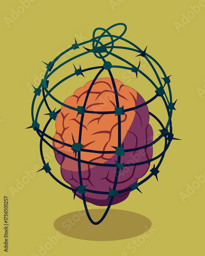A tangled mess of barbed wire forming a cage around the brain highlighting the emotional barriers blocking ones mental freedom.. Vector illustration