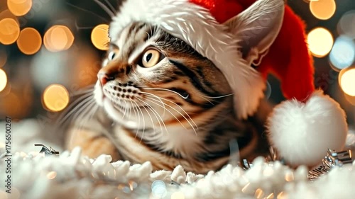 Adorable kitten wearing a santa hat, nestled amongst soft, fluffy snow and twinkling christmas lights, capturing the festive spirit 4k video