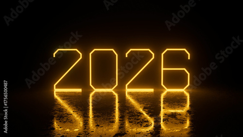 Number 2026 forming glowing neon digits, creating a vibrant reflection on a wet looking dark surface, representing the new year, future events, technology, and upcoming celebrations. 3d rendering