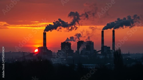 Industrial smokestacks emitting pollution at sunset  