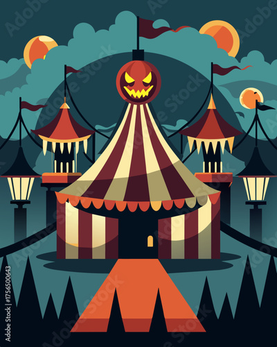 A rundown carnival the gaslights casting a distorted and unsettling glow on the twisted attractions.. Vector illustration