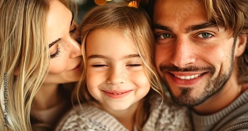 A happy family of three, a mother, father, and daughter, smiling warmly together with a festive bokeh background, capturing a moment of love and togetherness 4k video