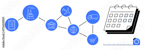 Factory, warehouse, airplane, truck, globe, and shopping cart icons connected to a calendar and timeline. Ideal for logistics, planning, supply chain delivery scheduling workflow