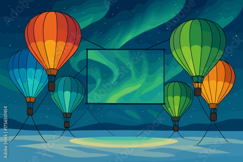 Colorful hot air balloons floating under the northern lights in a serene winter landscape at night