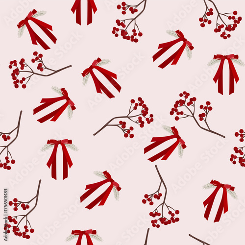 Seamless pattern with viburnum branches. Red viburnum Berries on a branch Vector illustration Christmas illustration