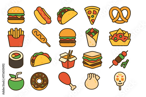Variety of delicious fast food icons featuring burgers, tacos, and desserts in a colorful design suitable for menus and promotions