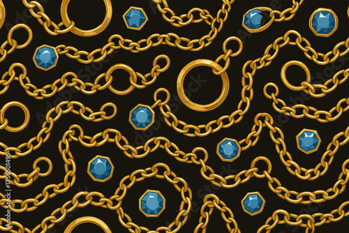 Golden chains and blue gems create an elegant pattern suitable for fashion design or textile art