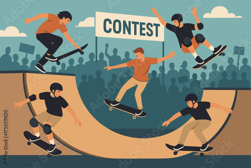 Skateboarders perform tricks at a lively contest in a skatepark with an enthusiastic crowd cheering