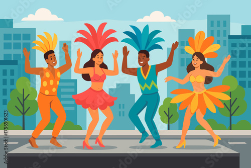 Dancers in colorful costumes celebrate on the street during a vibrant city festival in broad daylight