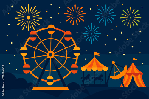 Bright fireworks light up the night sky above a carnival with a ferris wheel and carousel