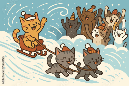 Cats enjoying a snowy day as they sled down a hill with friends cheering in winter hats