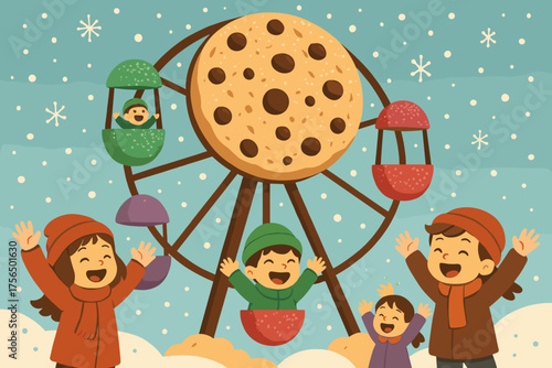 Kids enjoy a fun day at a festive cookie-themed amusement park during winter