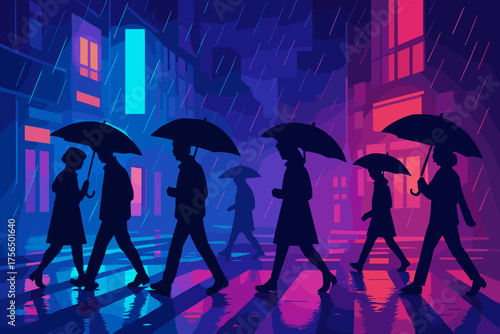 Colorful silhouettes walking with umbrellas in the rain on a vibrant city street at night