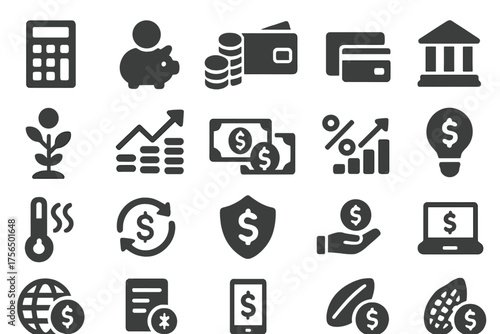 Financial icons representing budgeting, investing, and saving strategies used by individuals and businesses in a digital format