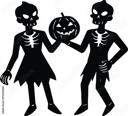 Skeleton Twins Holding Pumpkin Silhouette