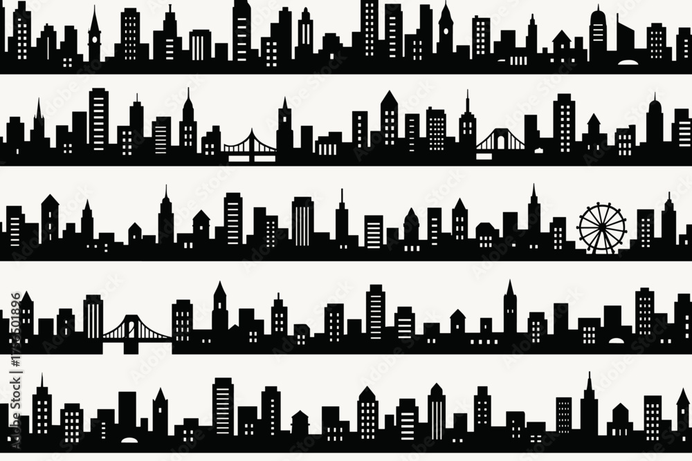 Obraz premium City skyline silhouette featuring iconic buildings and landmarks at dusk along a minimalist design