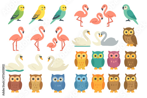 Colorful collection of bird illustrations featuring various species in cheerful designs