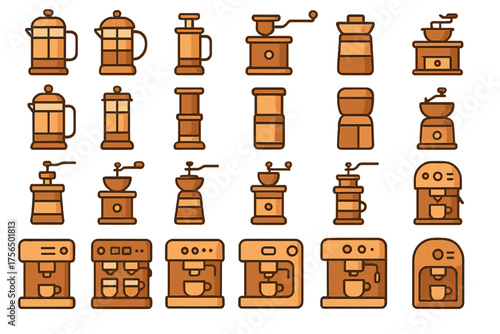 Collection of wooden coffee makers and grinders on a white background showcasing various brewing methods