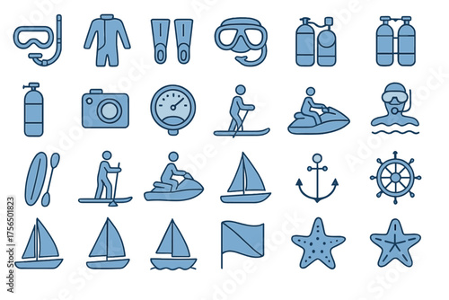 Diverse collection of diving and water sports icons showcasing essential equipment and activities for aquatic adventures