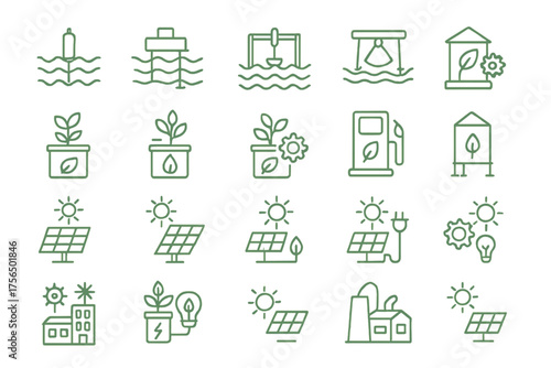 Eco-friendly icons representing renewable energy solutions and sustainable practices for a cleaner future