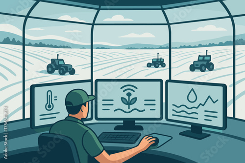 Agricultural worker monitors farm operations from control center with modern technology in rural landscape