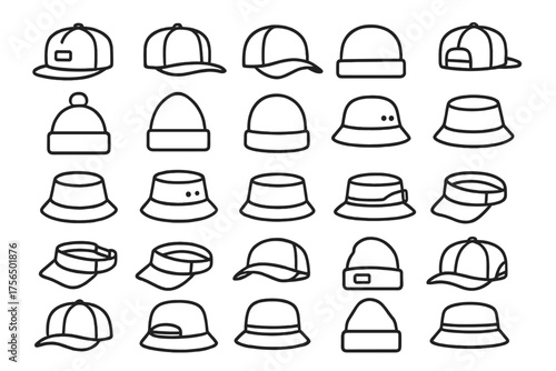 Collection of various hat styles including caps, beanies, bucket hats, and visors arranged in a grid pattern for easy viewing