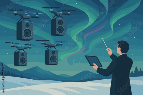 Drones performing a musical display under the northern lights in a snowy landscape