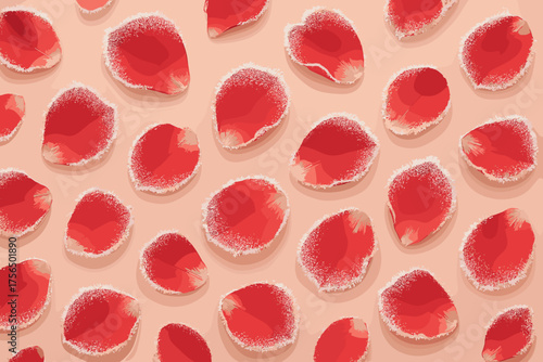 Colorful red rose petals scattered on a soft pink background creating an elegant and romantic atmosphere for decoration