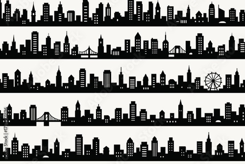 City skyline silhouette featuring iconic buildings and landmarks at dusk along a minimalist design